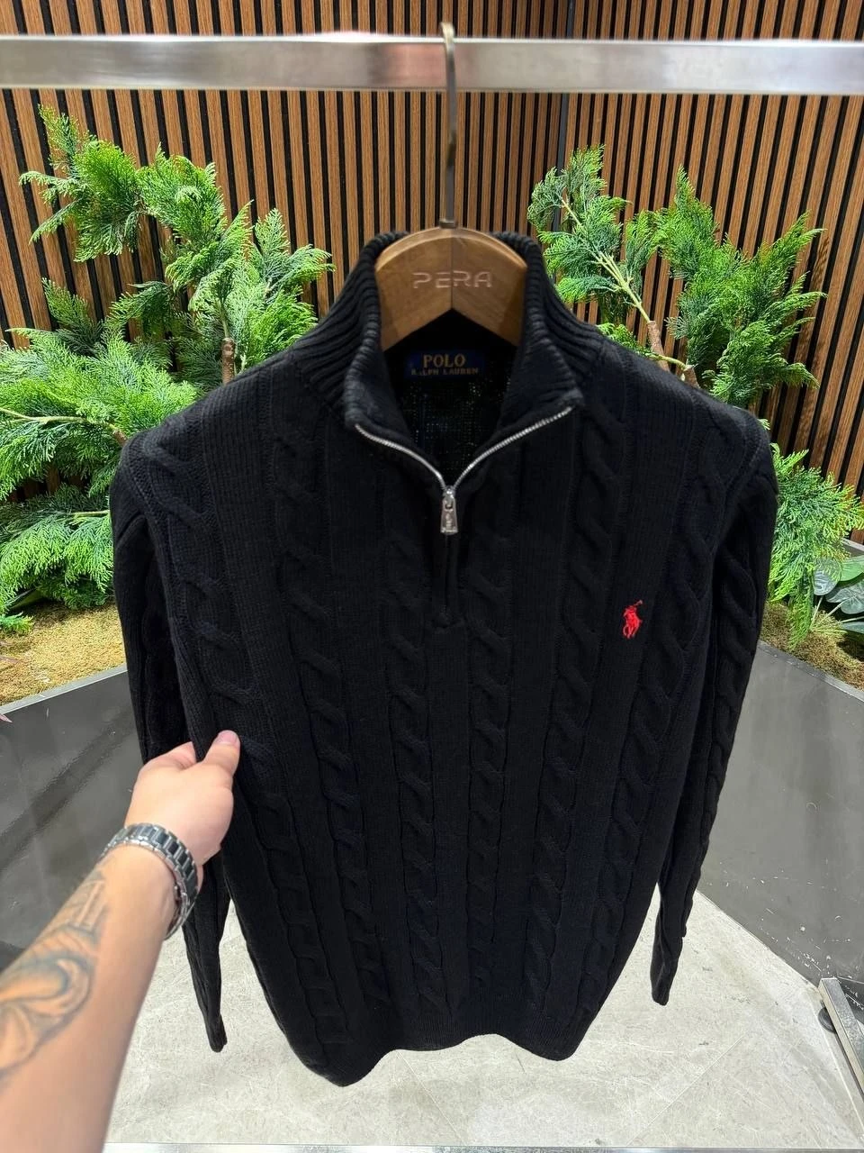 Мъжки черен плетен пуловер Polo Ralph Lauren с къс цип
